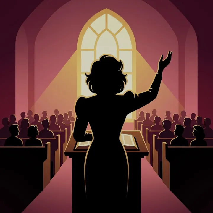 Ilustração de uma mulher pregando no púlpito de uma igreja